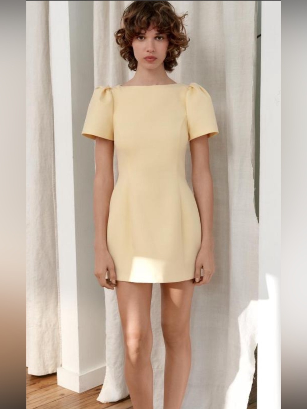 Zara Pale Yellow Puff-Sleeve Mini Dress